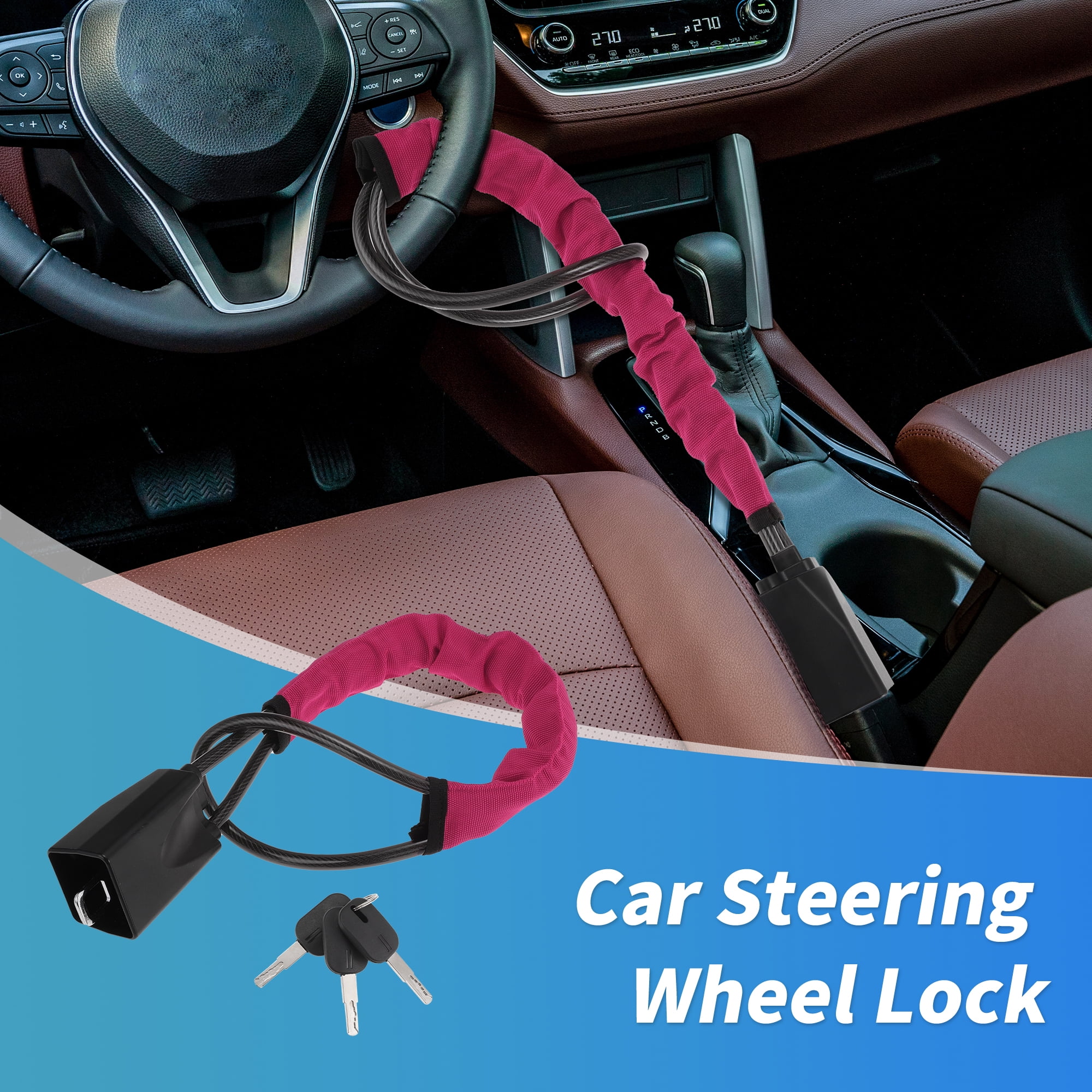 Unique Bargains Steering Wheel Lock with Seat Belt Lock Function - Universal Anti Theft Car Device for Most Vehicles 44 cm Length High Security with Pink (1 Set)