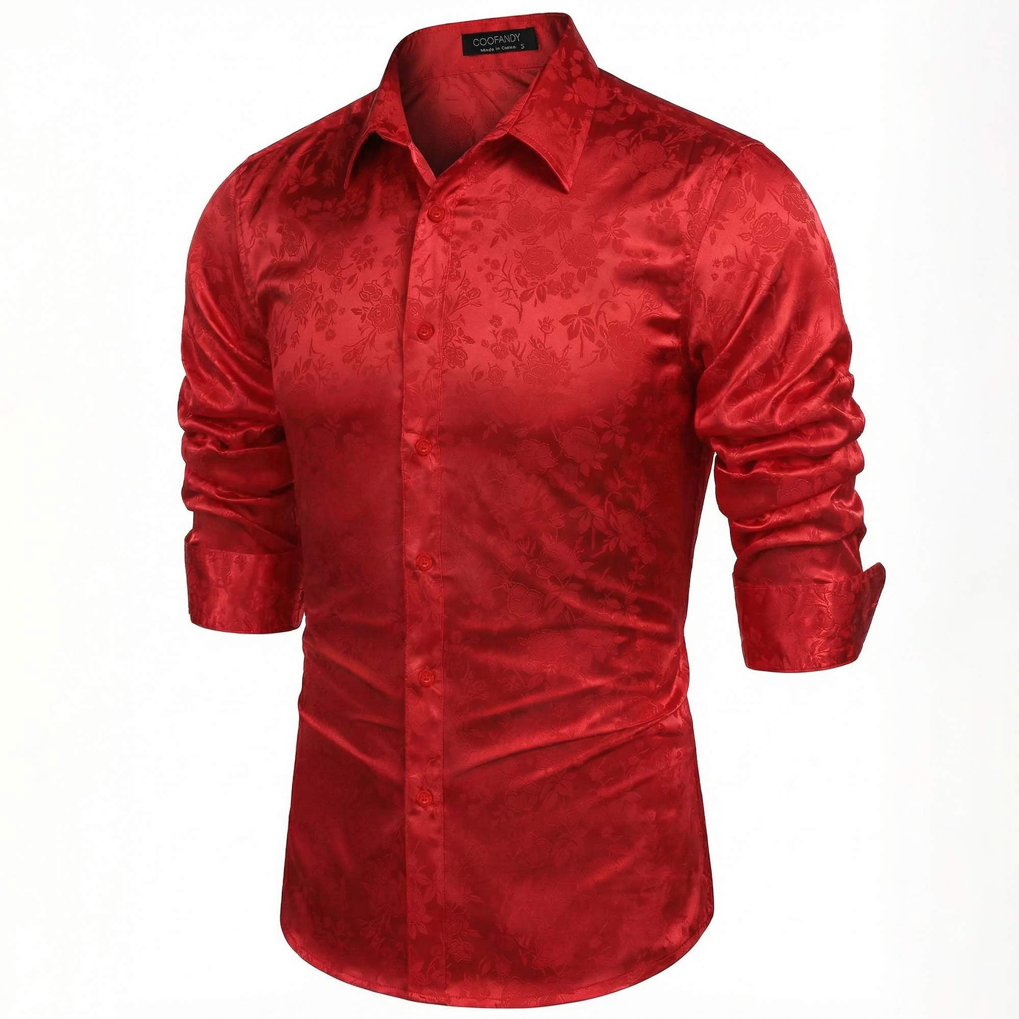 COOFANDY Mens Silk Shirts Long Sleeve Dress Shirts Prom Wedding Party Button Down Shirts,Wine red Medium