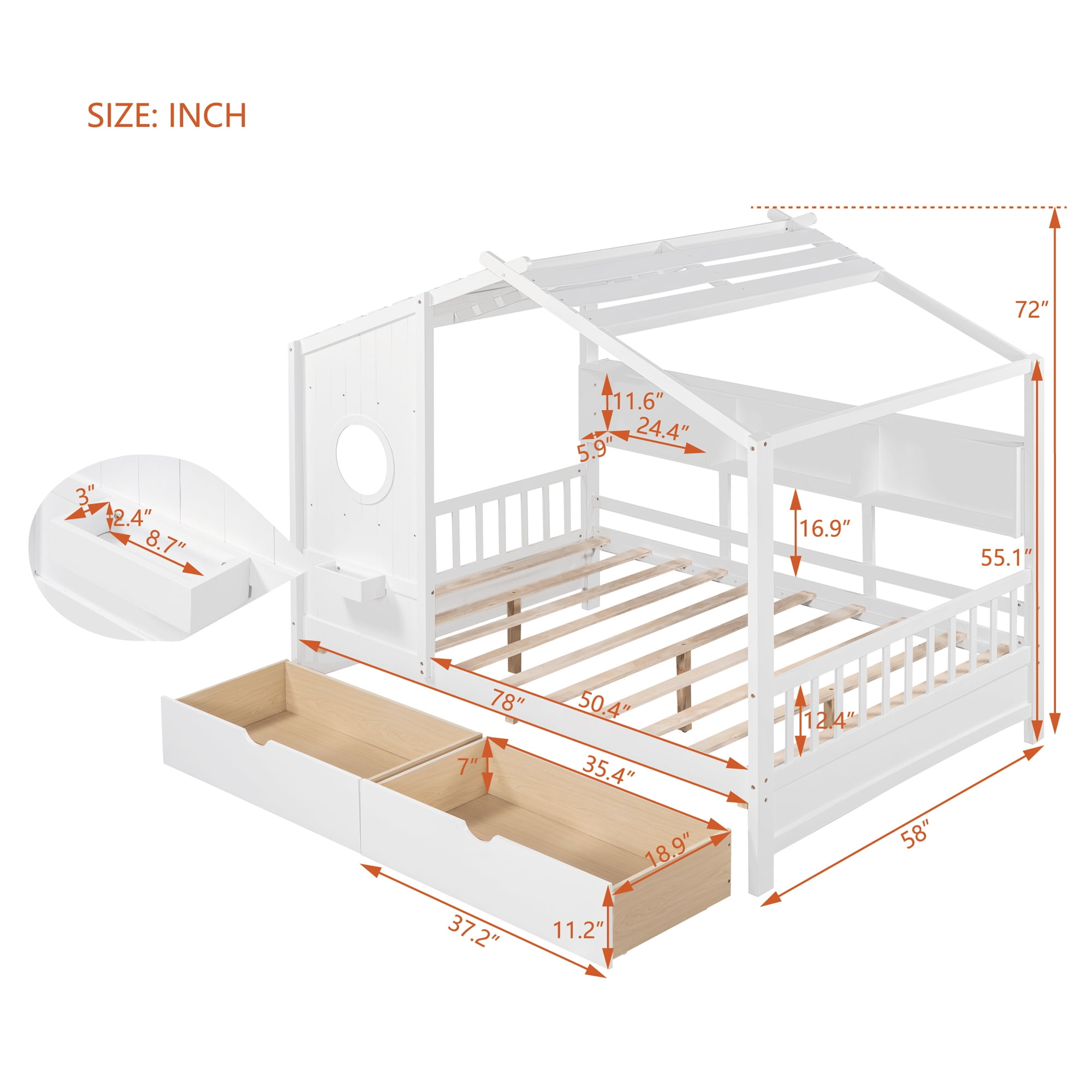 Harper & Bright Designs Full Size House Bed with Roof and Window, Wooden Daybed Frame with Shelves and 2 Drawers for Girls Boys, White