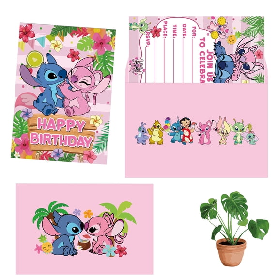 Set of 24pcs Stitch Themed Happy Birthday Invitation Cards & Envelopes - Lightweight (120g), Postcard Style Invites for the Perfect Party Pack