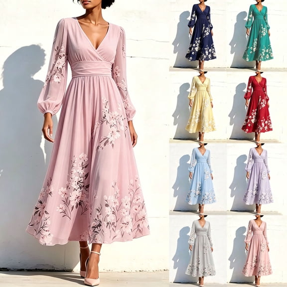 Women's Fall Floral Printed Maxi Dress V Neck Lantern Long Sleeve Boho Dresses for Wedding Guest Beach Vacation