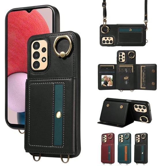 Dteck Case for Samsung Galaxy A23 5G Wallet Case, Crossbody Card Holder Purse with Lanyard for Women, 360° Ring Kickstand Magnetic Flip Leather Cover for Galaxy A23 4G/5G,Black