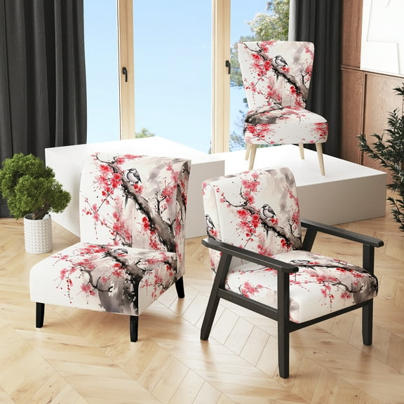 Designart "Asian Art Sumi Bird Serenity VIII" Upholstered Asian Accent Chair and Global Arm Chair - Multiple Color & Pattern