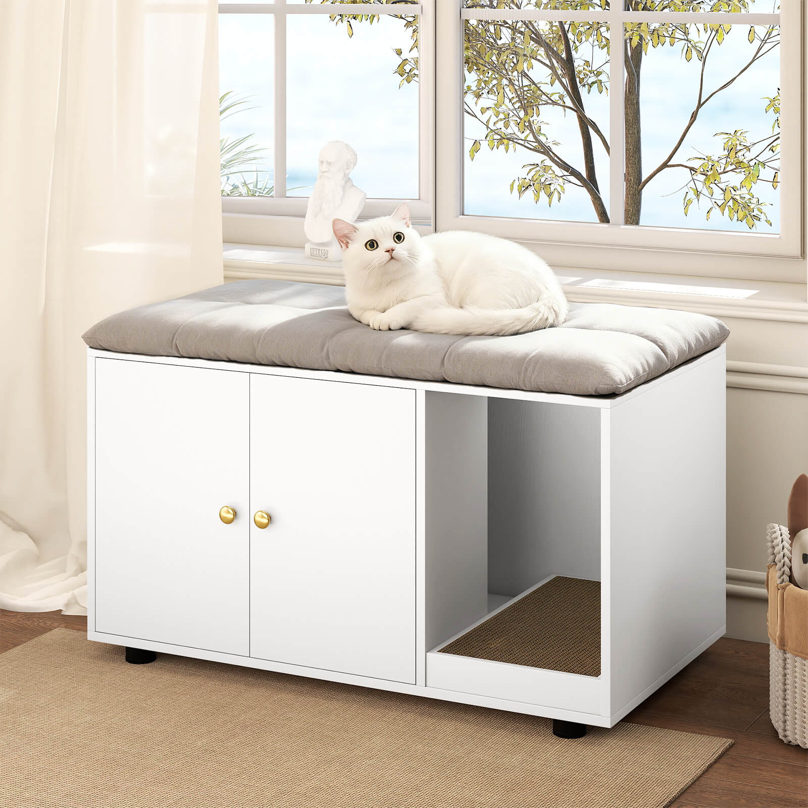 Costway Wooden Cat Litter Box Enclosure, Hidden Litter Box Furniture with Scratching Board White
