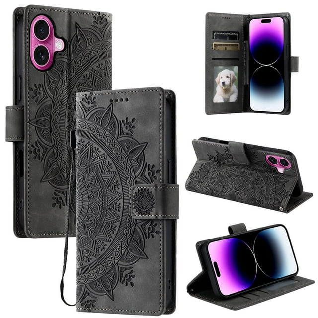 Flip Case for iPhone 16 Plus , Totem Embossed Flowers Premium PU Leather Wallet Folio Cover with Card Holder Kickstand Compatible with iPhone 16 Plus - Gray
