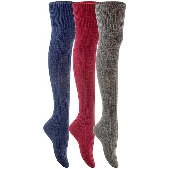 Lian LifeStyle Women's 3 Pairs Fashion Thigh High Cotton Socks JMYP1025-2 Size 6-9(Navy, Dark Grey, Wine)