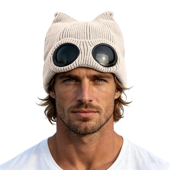 Unisex Goggle Knitted Beanie Hat Windproof Warm Winter Skull Cap
