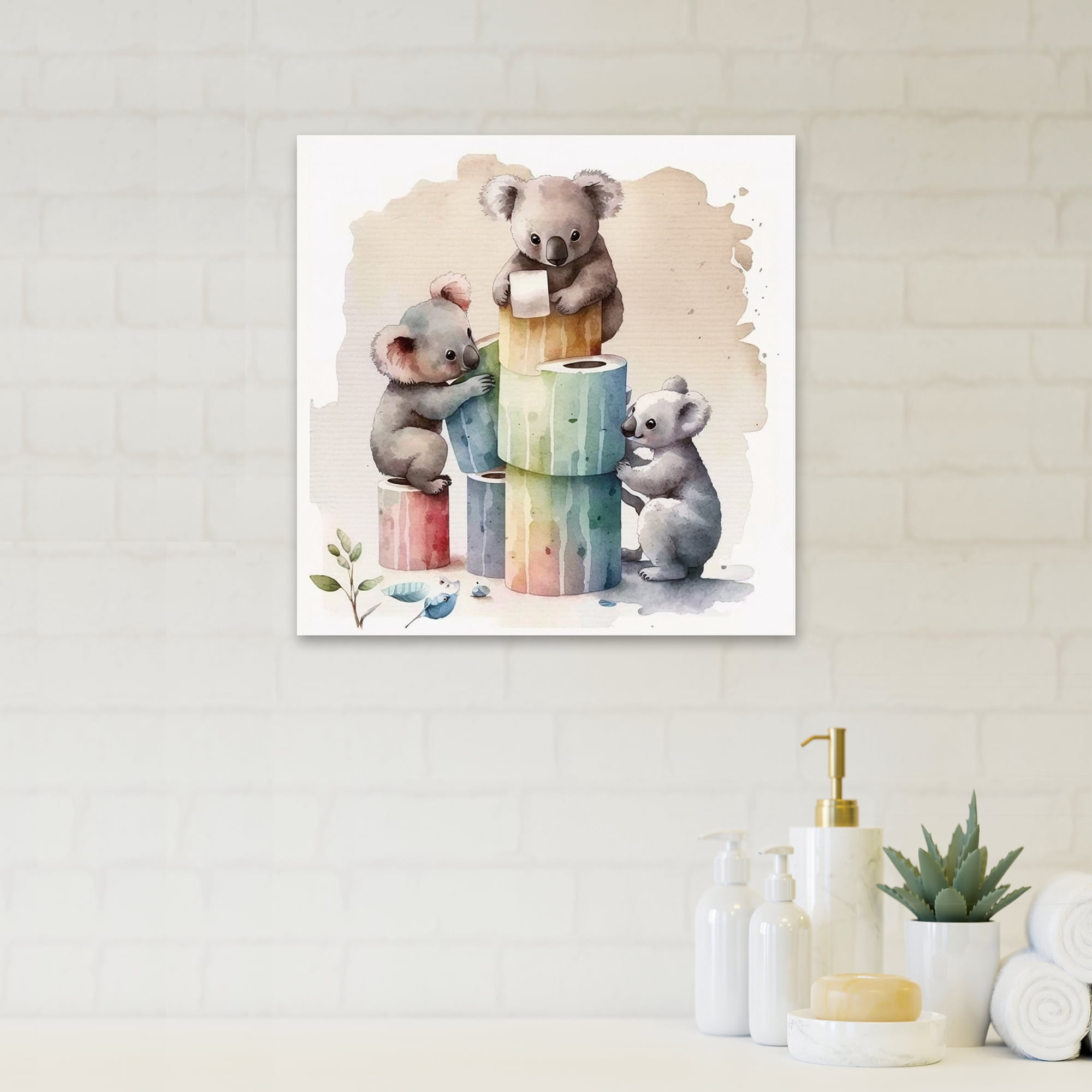 Designart Koala Bears Building A Tower Of Toilet Paper Canvas Wall Art