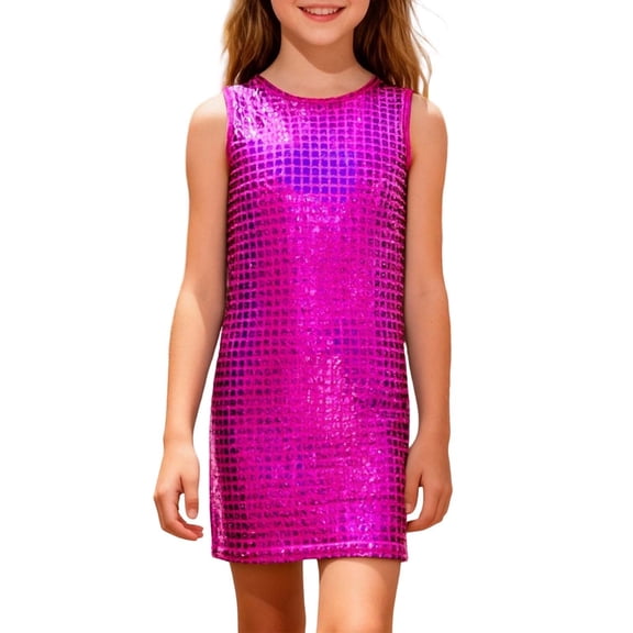 RMGVDSD Girls Sequin Dress Slim Fit Sleeveless Tank Dress Sequin Print Round Neck Casual Party Dress Summer Outfits Stylish Party Dress
