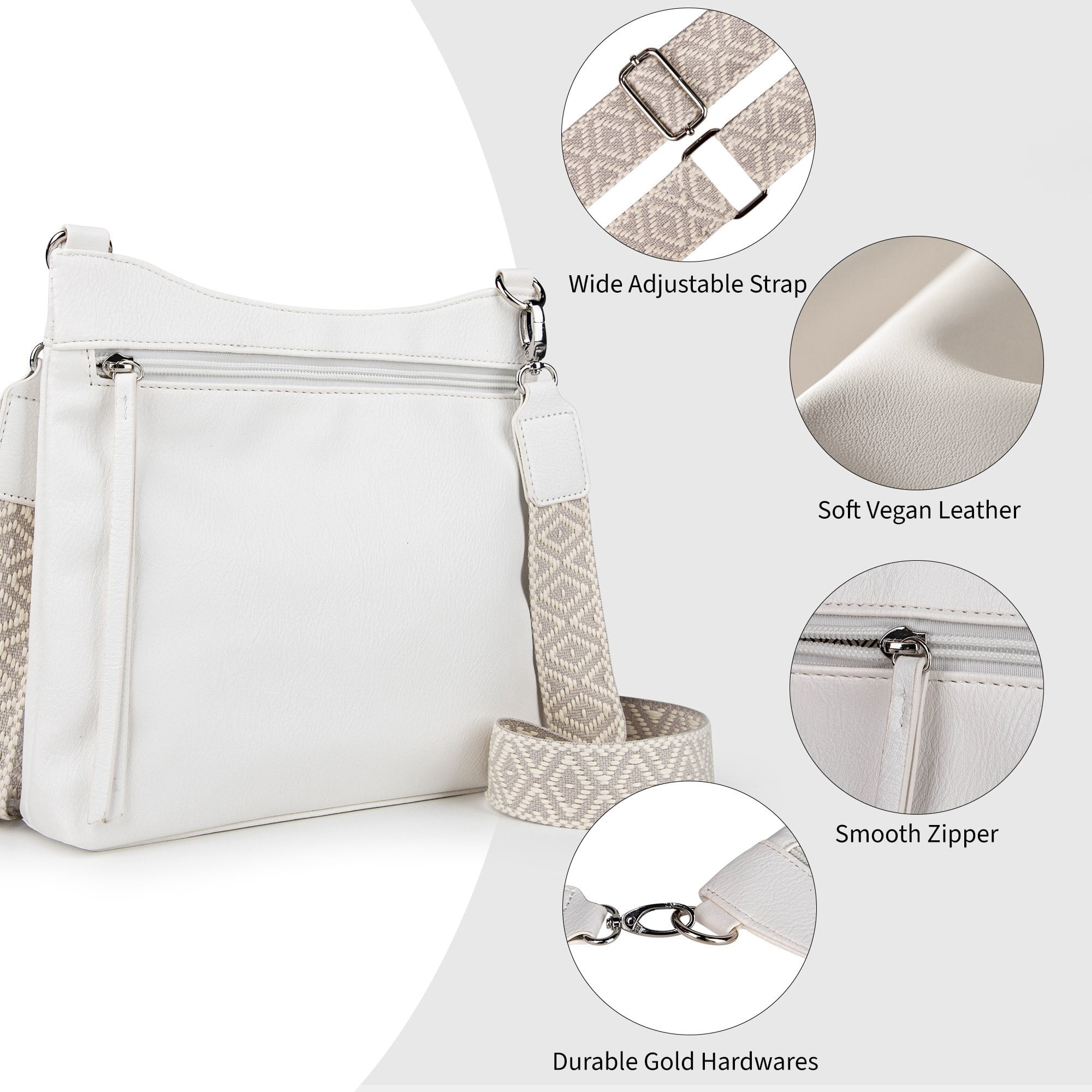 Women's Soft Vegan Leather Crossbody Bag, 2 Interchangeable Straps, Multi-Pocket Spacious Shoulder Purse for Commute, Work, Travel, Shopping & Daily Use, White