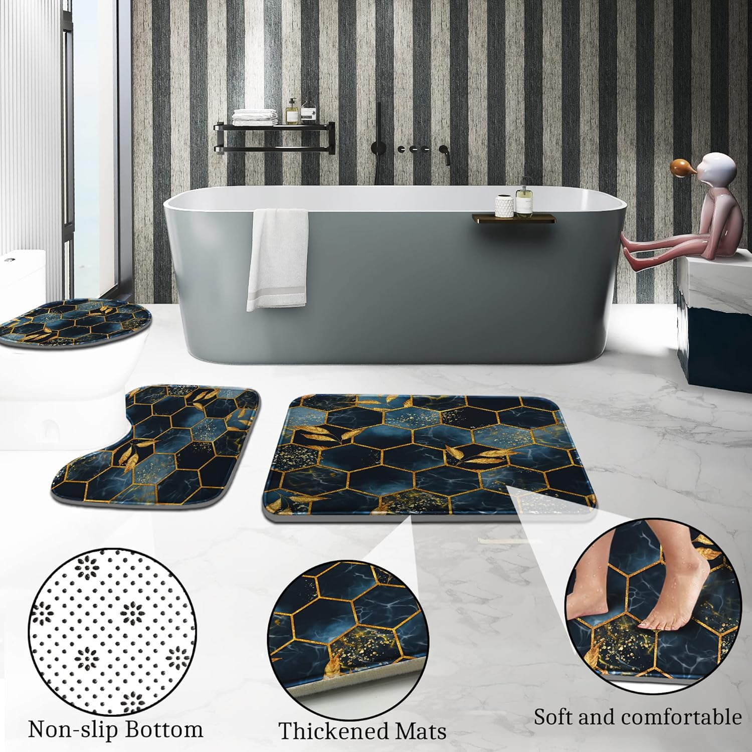 4 Pcs Bathroom Shower Curtain Set,Bathroom Sets with Rugs(Bath Mat,U Shape and Toilet Lid Cover Mat) and 12 Hooks,Sky Blue Honeycomb Marble