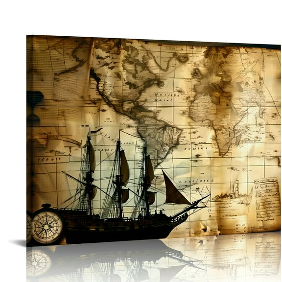 Ship, Map, Compass Wall Decor Canvas Art for Home Bathroom Ready To Hang Room Decor 16x12in