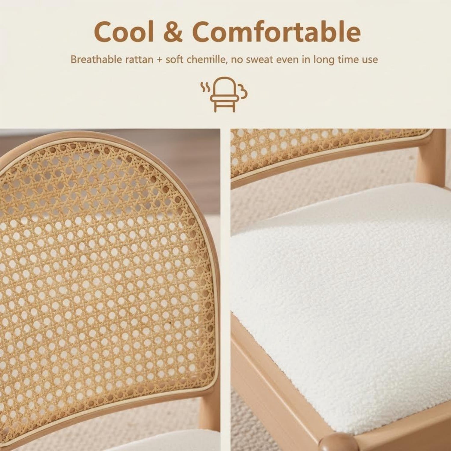 Rattan Dining Chairs Set of 2 Upholstered Linen Dining Room Chairs with Wood Legs & Backrests, Modern Kitchen Side Chairs for Dining Room, Beige