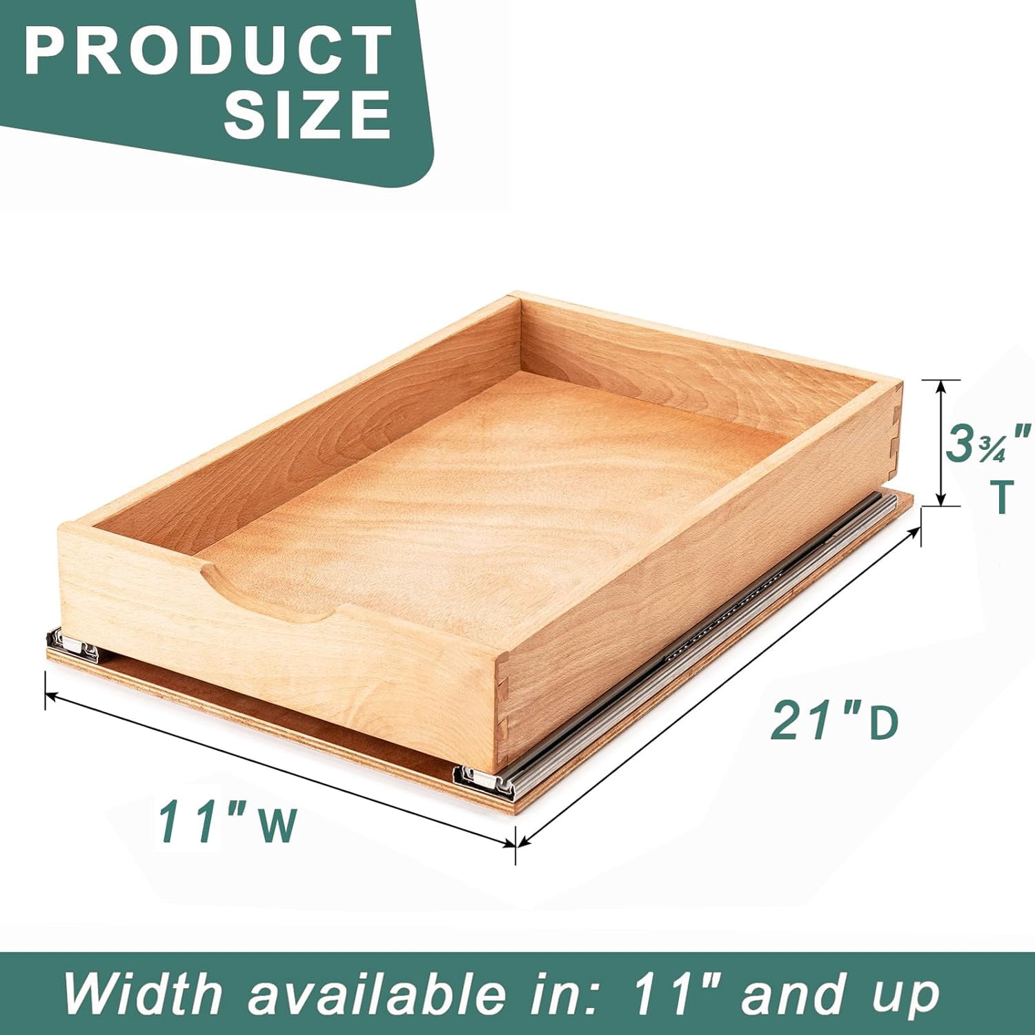 Pull Out Drawers for Kitchen Cabinets, Pull Out Cabinet Organizer, Fully Assembled Wood Cabinet Pull Out Drawer, Fast and Easy DIY Installation, 11”W x 21”D