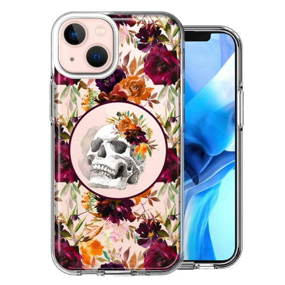 MUNDAZE Case for Apple iPhone 15 Hybrid Shockproof Slim Hard Soft TPU Shell Heavy Duty Protective Phone Cover - Romance Is Dead Valentines Day Halloween Skull Floral Autumn