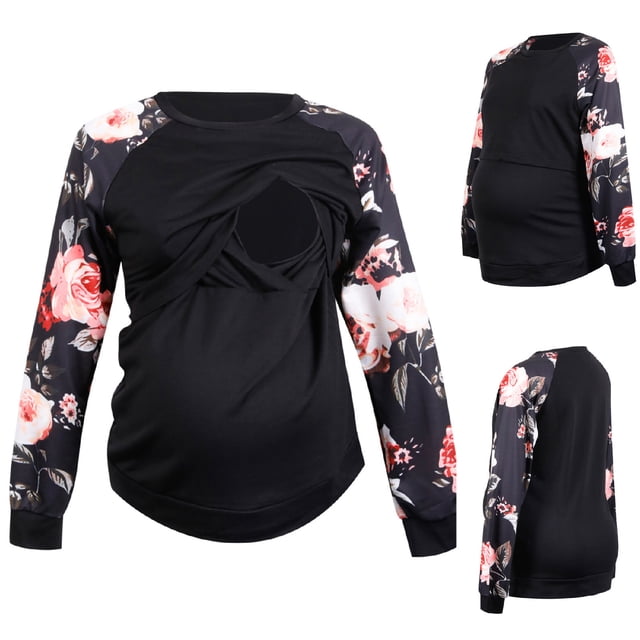 EGNMCR Chemisiers et Chemises à Manches Longues à Col Rond à Manches Longues Imprimé Patchwork à Col Rond Blouse d'Allaitement pour Femmes Enceintes Hauts Blouse pour Femmes Enceintes