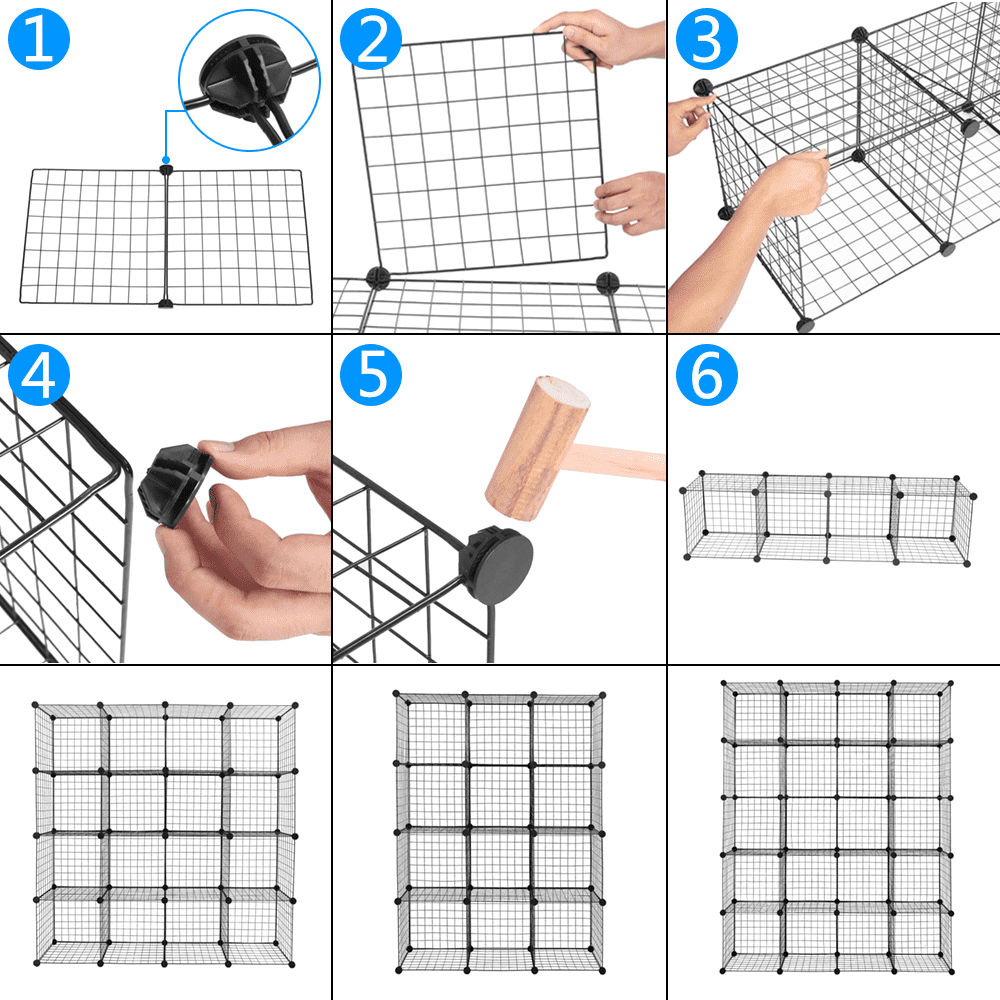 16-Cube Wire Grid Storage Organizer – DIY Modular Cube Shelves Unit, 13.8" Cubes, Heavy-Duty Steel Frame with ABS Connectors, Black, 47"W x 14"D x 57"H