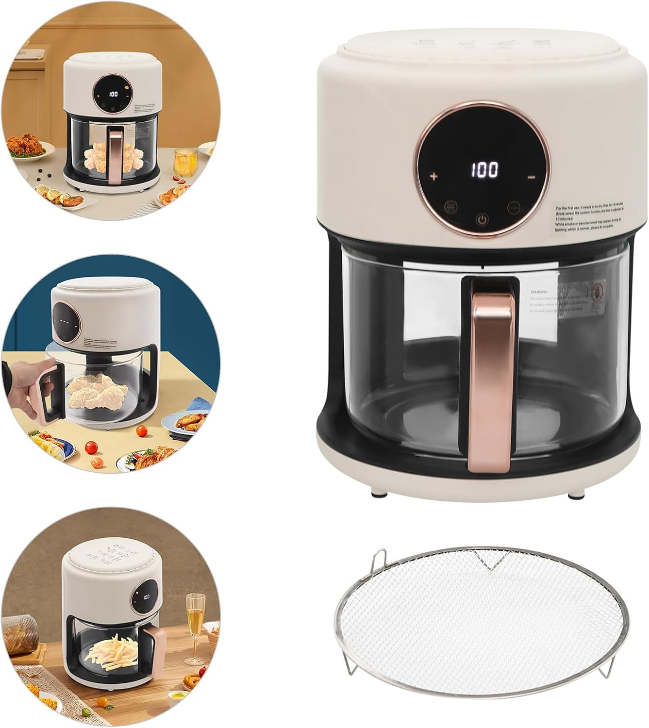 Miumaeov Mini Air Fryer 3.81Qt Glass Air Fryer 360° Viewable Touch Screen with Digital Display Adjustable Temperature Nonstick Airy Fryers