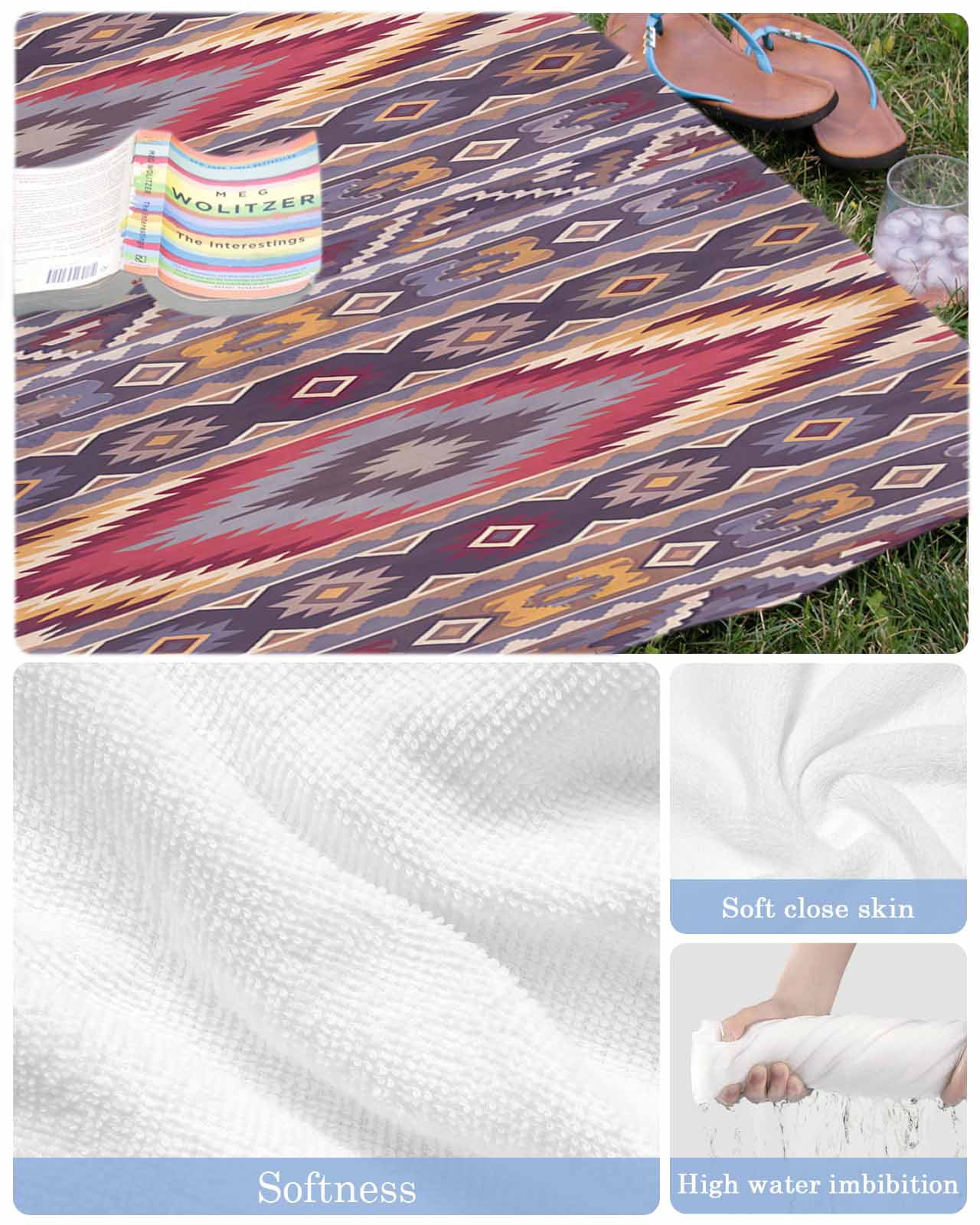 Southwest Aztec Beach Towels Oversized Super Absorbent, Country Retro Ethnic Geometric Motifs Lightweight Bath Towel Quick Dry Sets For Bathroom/Pool/Rv Camping/Beach Play/Gym Room/Picnic 23"x47"