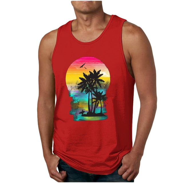Yieetim T-Shirts Sans Manches Rouges pour Hommes, Débardeur Décontracté d'Été Confortable à Col Rond Hawaïen Floral, Camisole de Plage à la Mode Imprimée, Débardeur Athlétique - Soldes d'Été