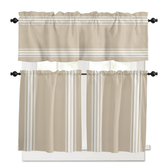 Beige Striped Kitchen Curtains and Valances Set, 3 Piece Kitchen Curtains Set 24 Inch Length, Farmhouse Luxurious White Stripes Modern Abstract Art Rod Pocket Curtains Tier Farmhouse Window Curtains