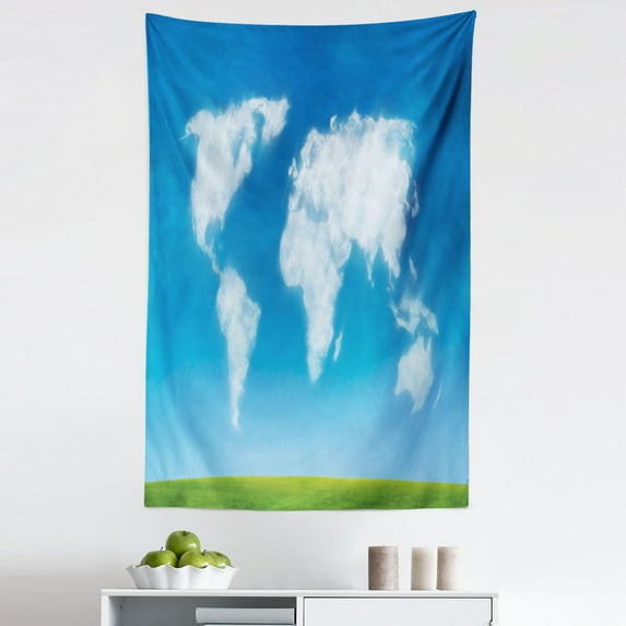 World Map Tapestry, Graphic Design of Shaped Clouds in the Sky with Colors Nature Art Print, Fabric Wall Hanging Decor for Bedroom Living Room Dorm, 5 Sizes, Blue Green White, by Ambesonne