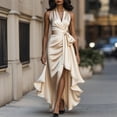 thumbnail image 3 of Women's Party Dress Slit Dress V-Neck Sleeveless Solid Color Irregular Hem Midi Length Sexy Evening Gown for Banquet Dinner Date Night,Beige,L, 3 of 8