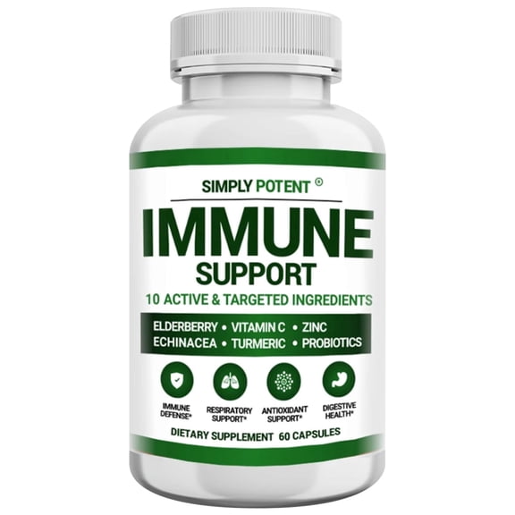 Simply Potent Immune Support with Antioxidant Vitamin C, Elderberry, Echinacea, Zinc, Turmeric & Probiotics Immunity Boost, 60 Capsules