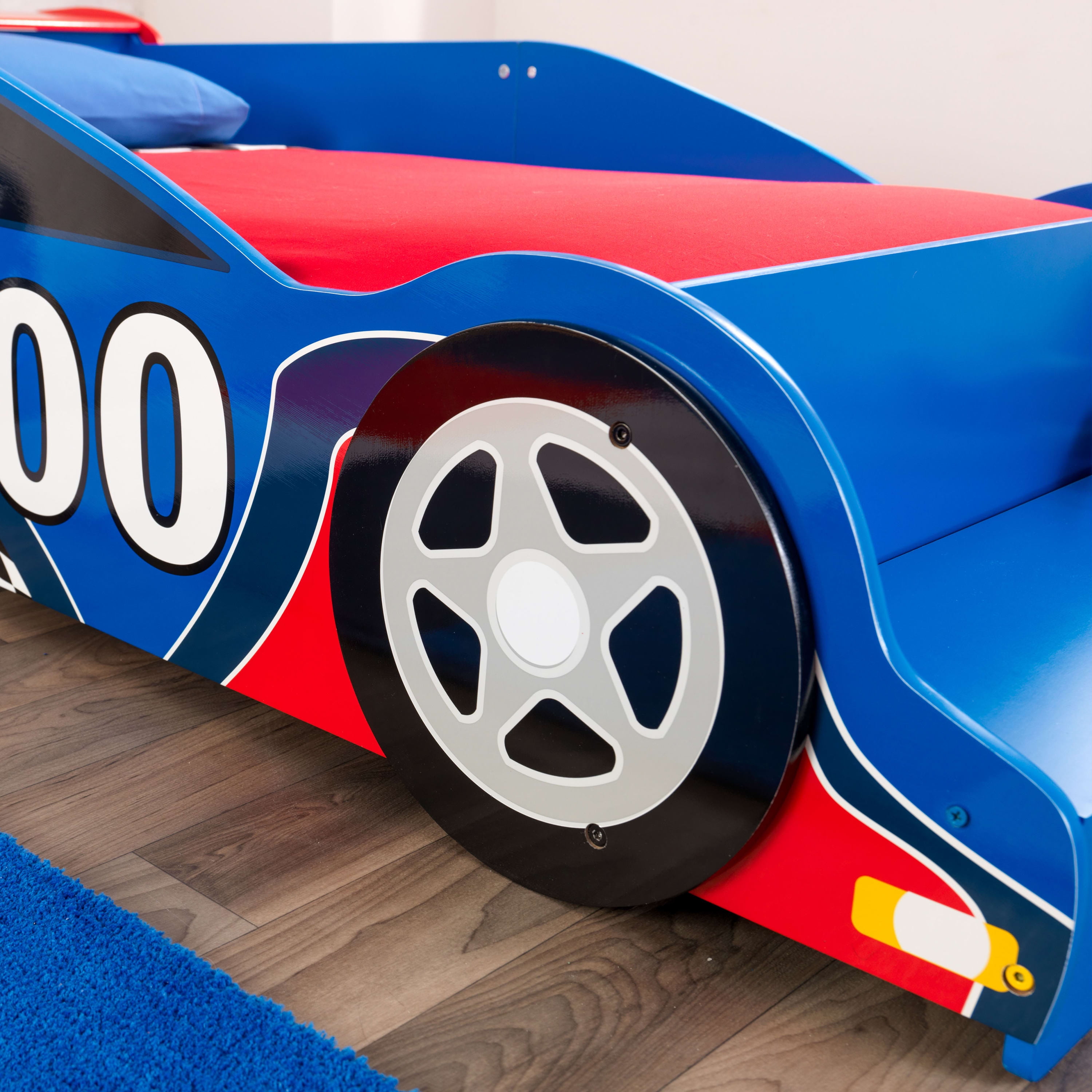 KidKraft Wooden Racecar Toddler Bed with Built-In Bench and Bed Rails - Red and Blue