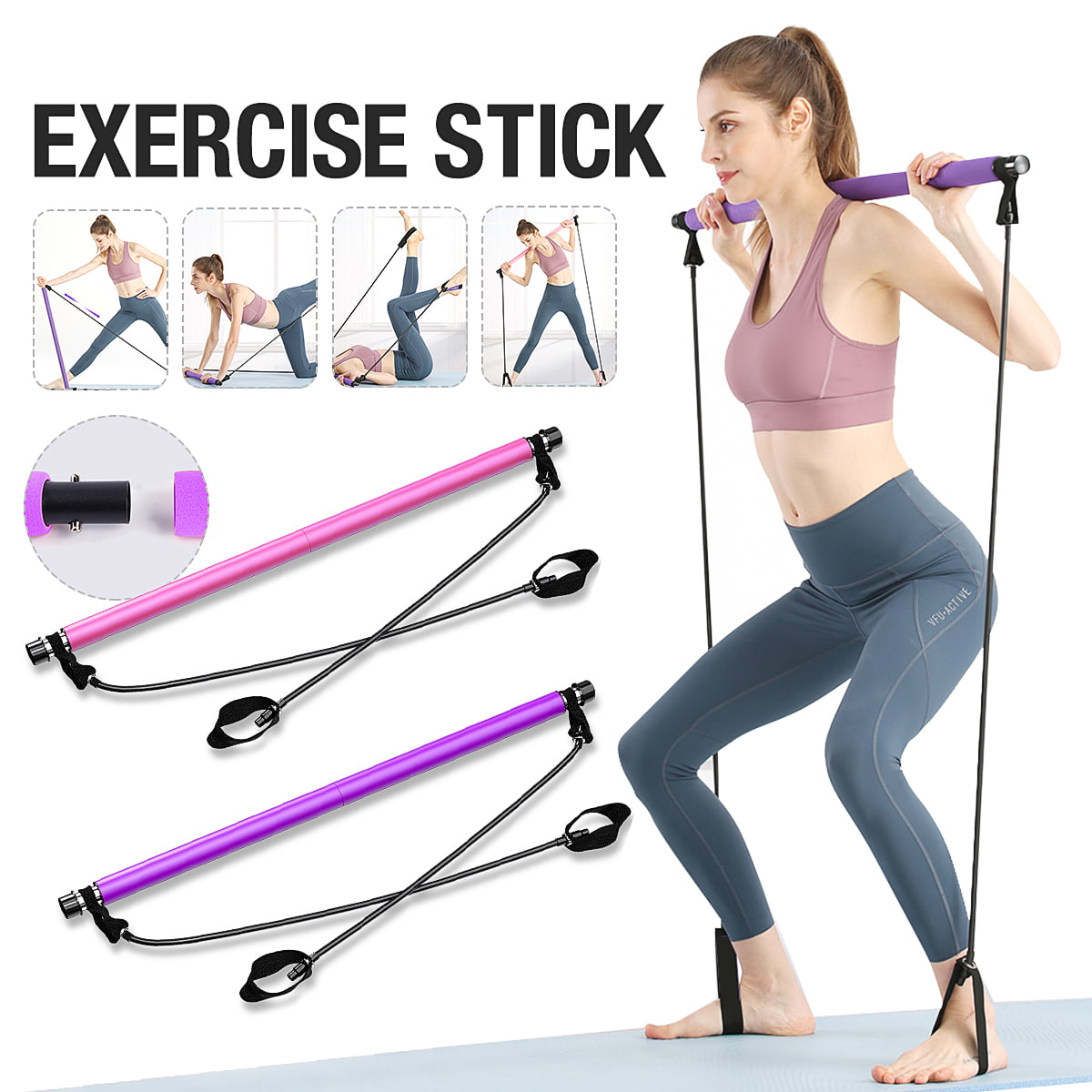 Pilates Bar Kit Portable Resistance Stick Exercise Yoga Fitness Gym Workout Set 