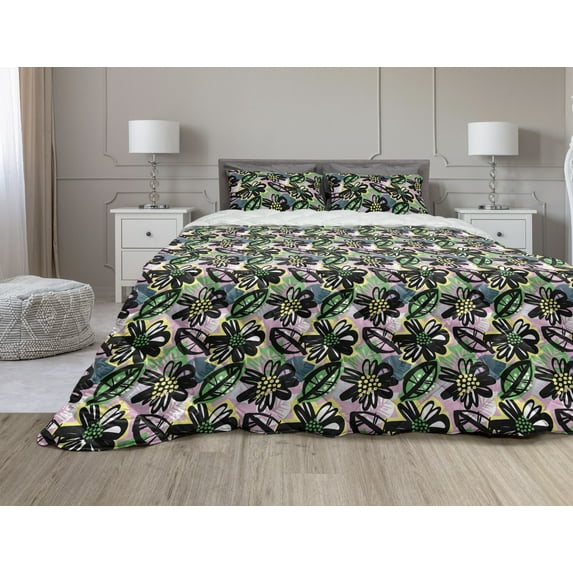 Botanical Comforter & Sham Bedding Set, Floral Theme Abstract Plants from Flowers and Leaves Pattern in Watercolor Style, 3 pcs Duvet Set Microfiber Filling Quilt, 5 Sizes, Multicolor, by Ambesonne