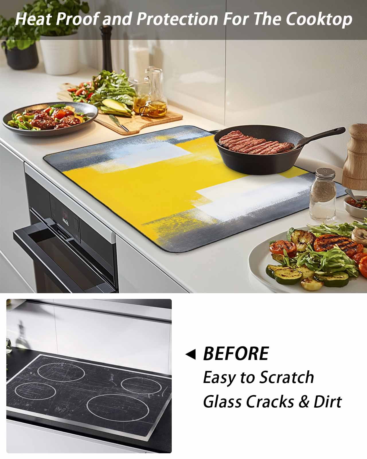 Stove Top Covers for Electric Stove, Yellow Grey Glass Stovetop Cover Protector, Oil Painted Modern Abstract Vintage Induction Cooktop Protector Oven Mat for Kitchen Countertop 24"x21"