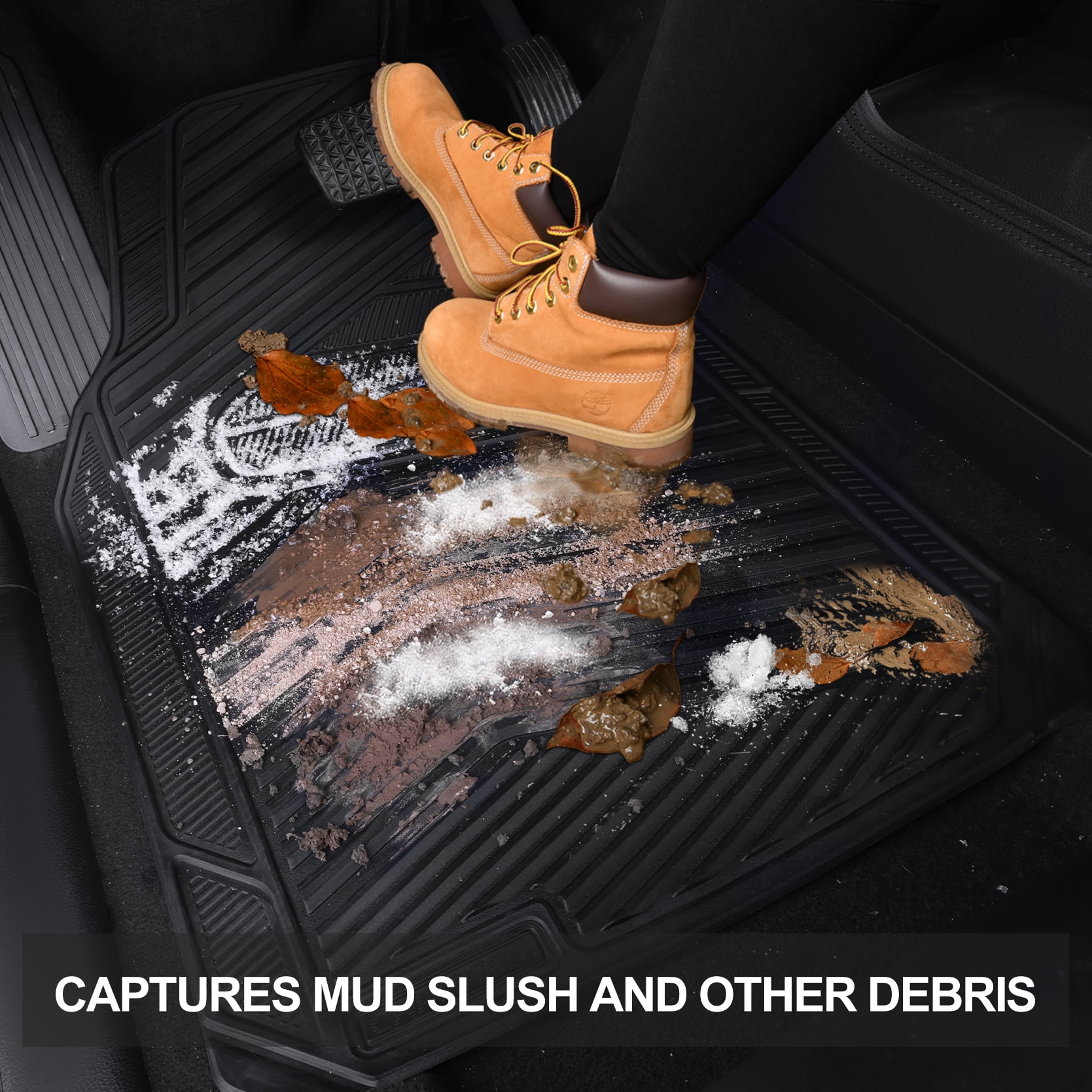 CAR GRAND Rubber Car Floor Mats, All Season All Weather Waterproof Automotive Mats Full Set 3 Pieces, Trim to Fit for Cars Sedans SUVs Trucks, Anti-Slip Easy Clean, All Black
