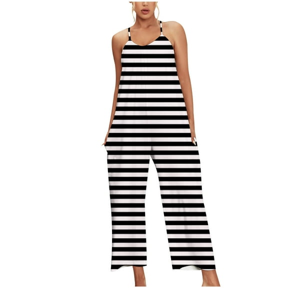 ABATAB Jumpsuits for Women Casual Sleeveless Striped Rompers One Piece Summer Wide Leg Overalls Beach Vacation Outfits