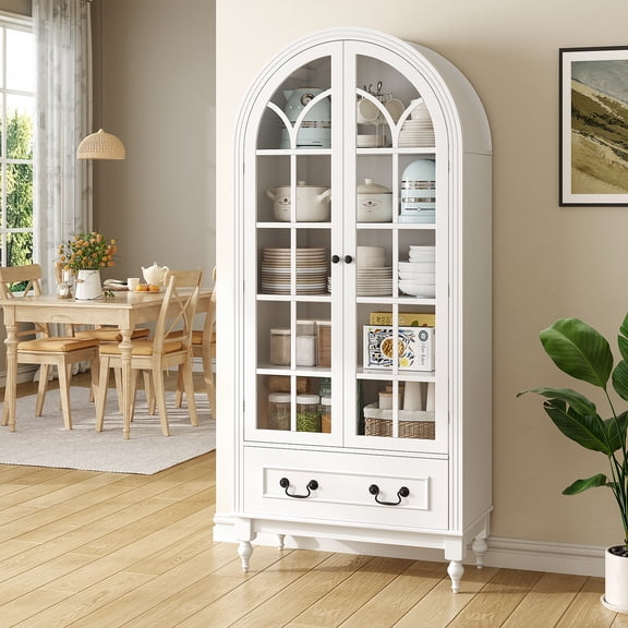 67" Tall White Arched Display Cabinet, Elegant Glass Storage Cabinet for Dining Room, Living Room, Hallway