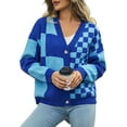 thumbnail image 3 of Womens Color Block Plaid Button Down Cardigan Long Sleeve Cable Knit Checkered Sweaters Tops Y2k Aesthetic Clothes Blue XL, 3 of 10