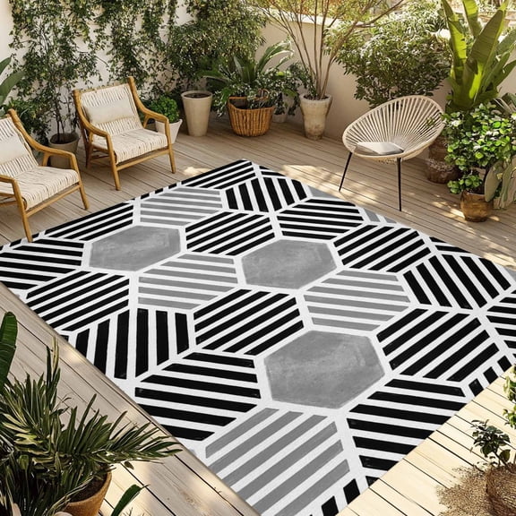 Black Gray Hexagon Outdoor Area Rug 3x5ft Decorative Indoor Outdoor Rug Abstract Geometric Stripes Patio Area Rug for Porch, Deck, Balcony, Entryway, Camping & RV