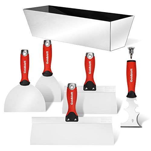 Goldblatt Kit d'Outils pour Cloison Sèche - Couteau à Joint en Acier Inoxydable, Couteaux à Sceller, Grattoir à Paniter, Bac à Boue