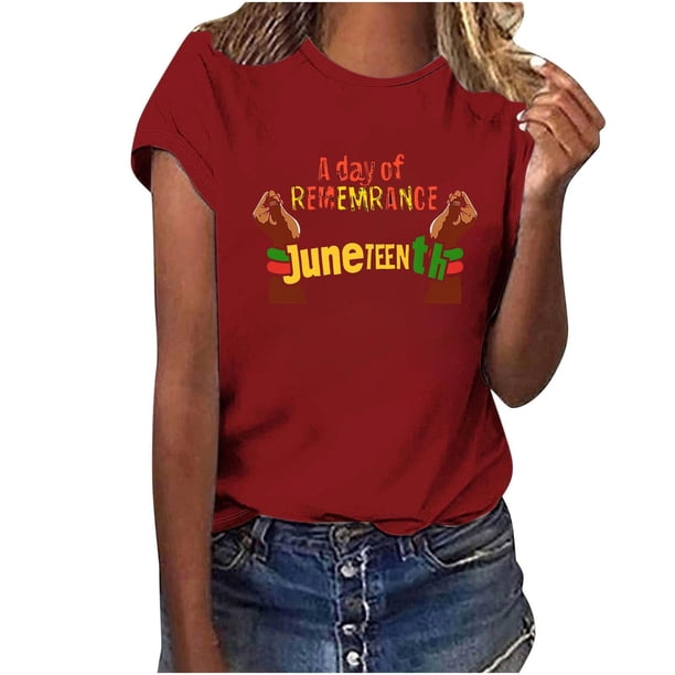 Tops de Manga Corta para las Mujeres de Ajuste Suelto, Día de la Independencia Negro Impreso, Cuello Redondo Suelto Superior