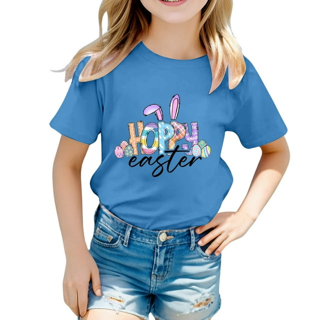 LUOGENLI T-Shirt pour Filles Enfant Filles Pâques Mignon Graphique Col Rond Manche Courte Tee Été Décontracté T-Shirt Chandails pour Filles 2025 Bleu 6-7 Ans