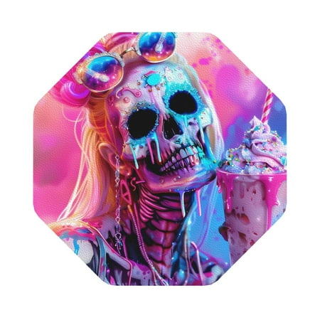 

Adobk Neon Skull With Milkshake Print Leather Coasters for Drinks(6 Pack) Durable Drink Coasters Set Luxurious Home Décor and Housewarming Gift Octagon