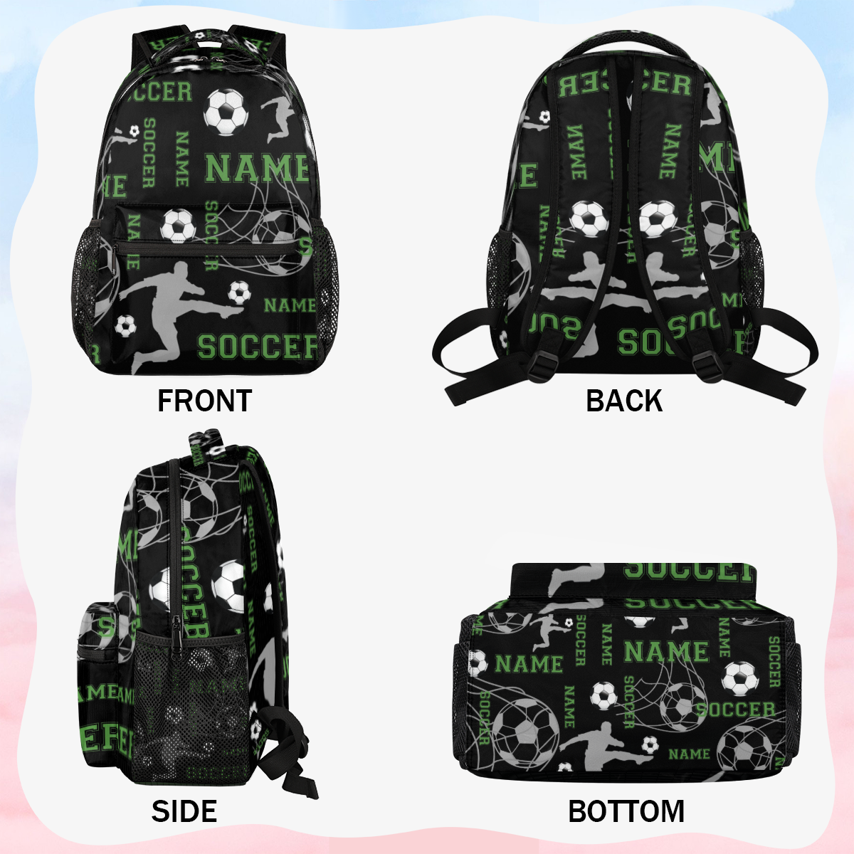 Jiaoprinted Custom Soccer Backpack with Name, Personalized Lightweight Casual Daypack for Women Men, Customized 18 Inch Travel Back Pack