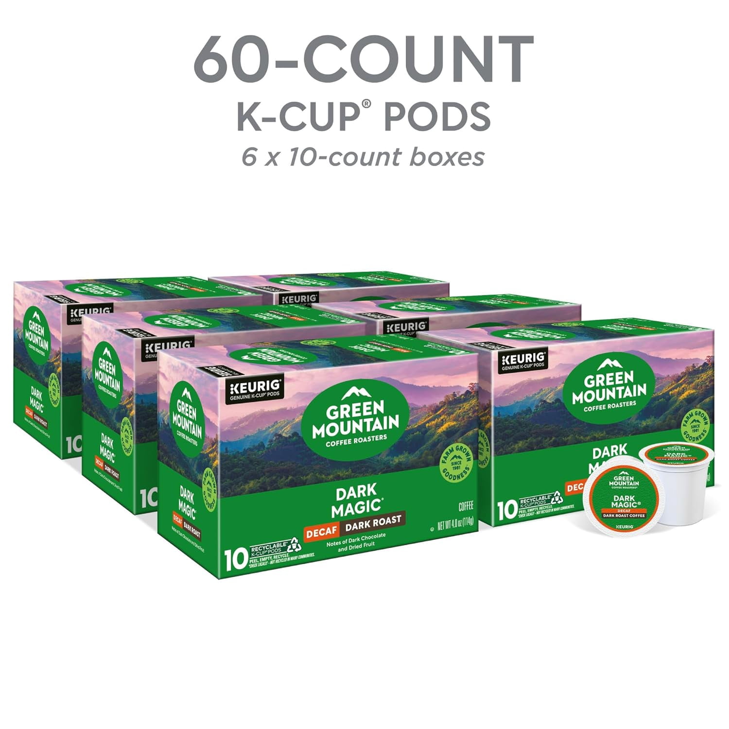 Green Mountain Coffee Dark Magic Decaf, Keurig Single Serve K-Cup Pods, Dark Roast Coffee, 60 Count, (6 Packs of 10)