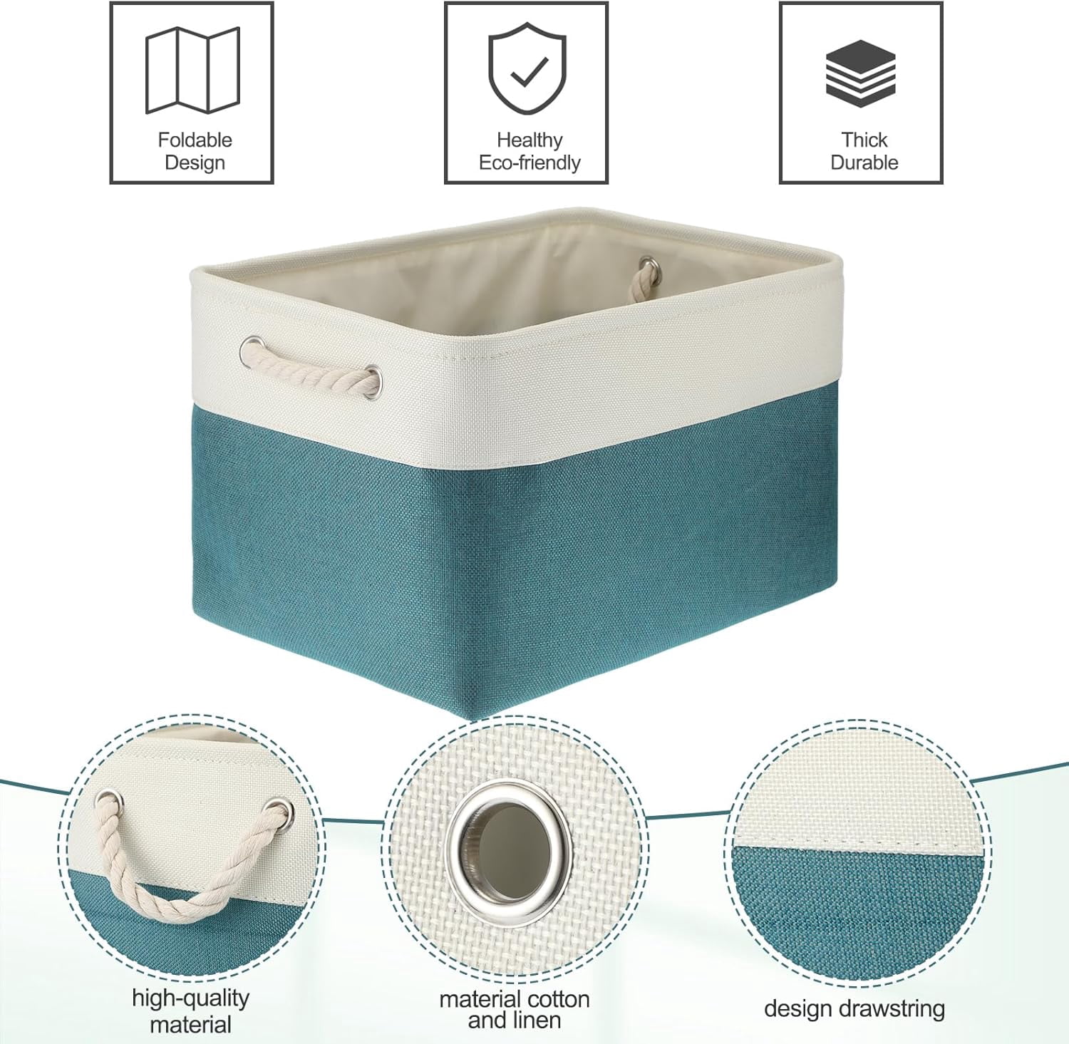 8 Pack Collapsible Storage Bins Fabric Storage Bins Polyester Fabric Storage Baskets with Handles Linen Closet Organizer for Shelf Home Closet Towels Toys (Cyan White,15 x 11 x 9.5 in)