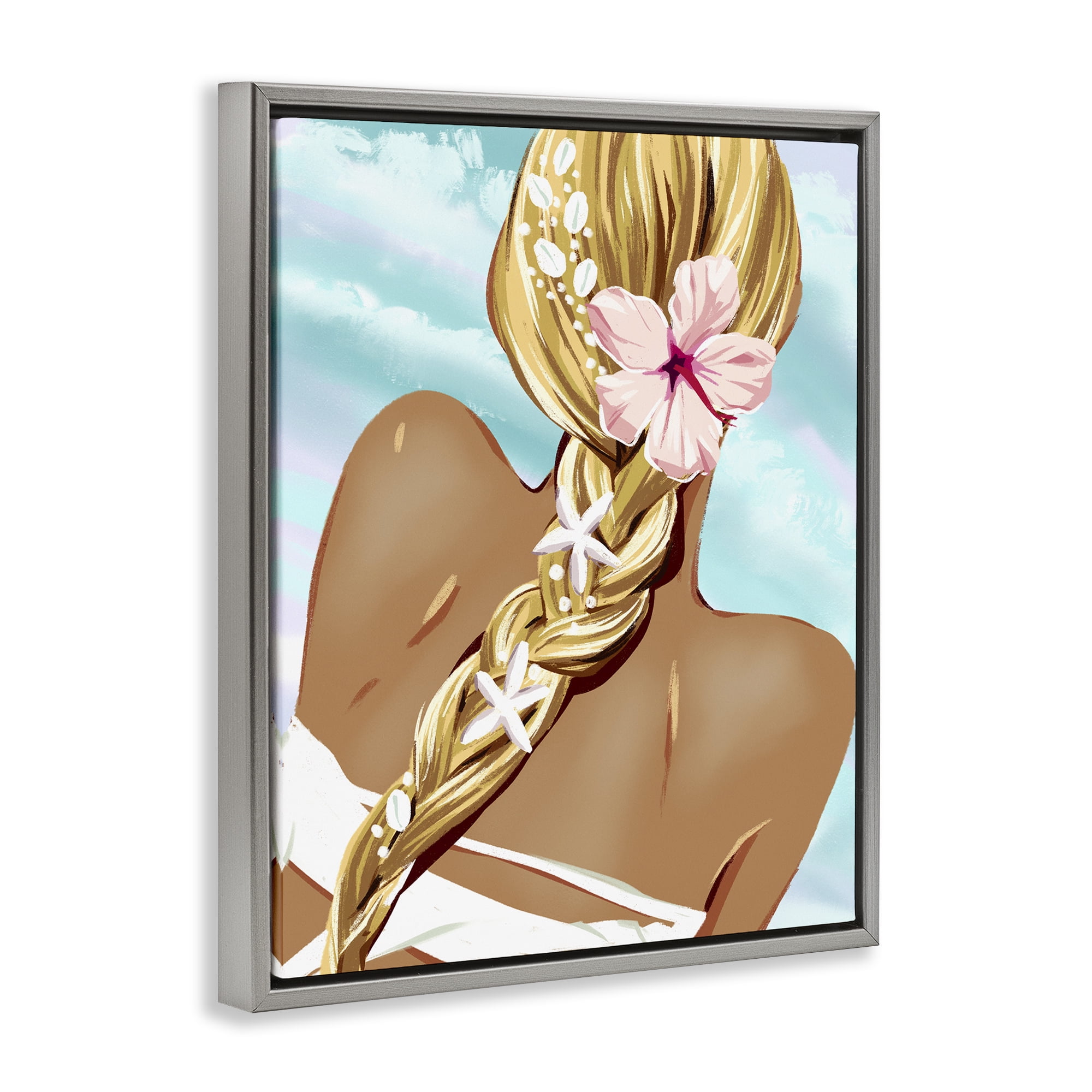 Stupell Industries Beachy Girl with Florals Novelty Painting Gray Floater Framed Art Print Wall Art, 17 x 21
