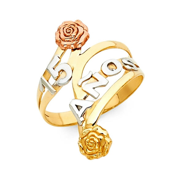 Solid 14k Yellow White Rose Gold 15 Anos Flower Band Ring Quinceanera Roses Ring Tri Color 25MM, Size 7