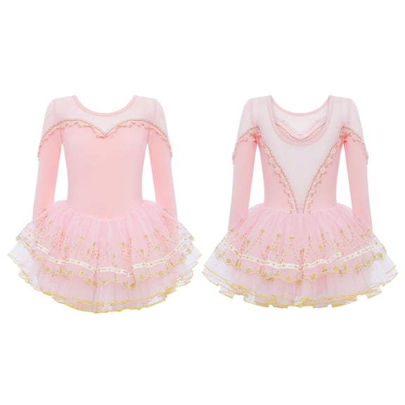 Doomiva Kids Girls Shiny Mesh Splice Long Sleeve Ballet Tutu Dance Dress Sparkle Lace Trim Swan Lake Ballerina Dancewear Pink 110