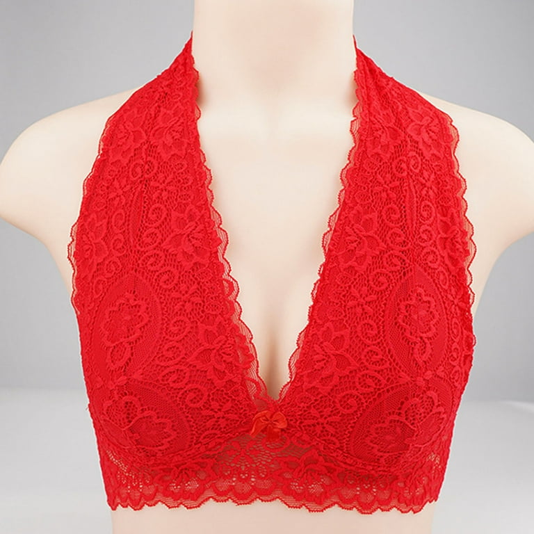 Hfyihgf On Clearance Women Sexy Floral Lace Halter Bra Bralette Top Hook  and Eye Closure Back Unpadded Wirefree Comfort Yoga Bustier Bras(Red,M)