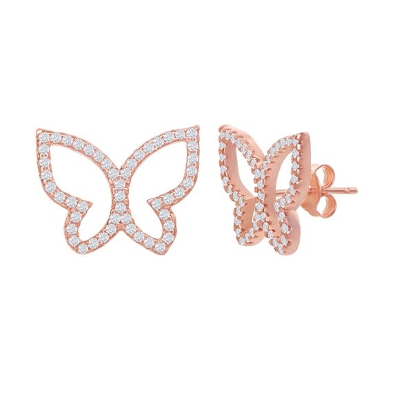 iJewelry2 Rose Gold Plated Sterling Silver Open Butterfly Clear Bordered CZ Stud Earrings