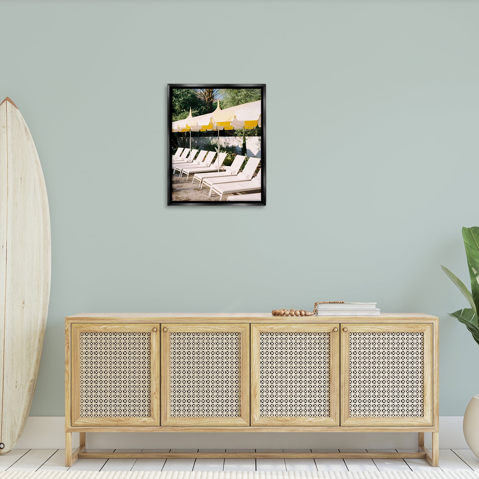 Stupell Industries Poolside Beach Chairs Landscape Photography Black Floater Framed Canvas Art Print Wall Art, 25 x 31